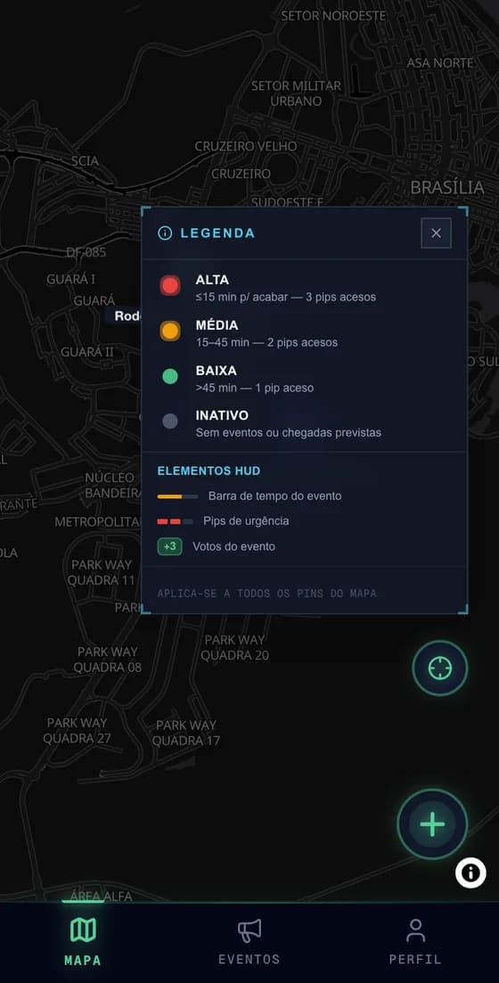 Legenda do mapa com os níveis de urgência Alta, Média, Baixa e Inativo