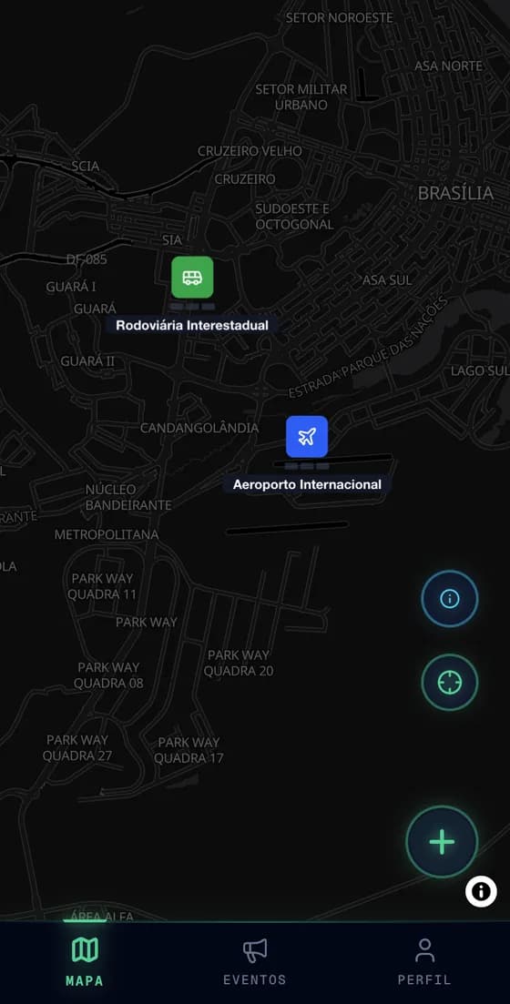 Mapa do app com os pins do Aeroporto Internacional e da Rodoviária Interestadual de Brasília