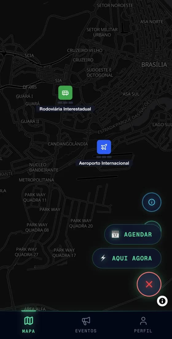 Menu do botão de reporte com as opções Agendar e Aqui Agora
